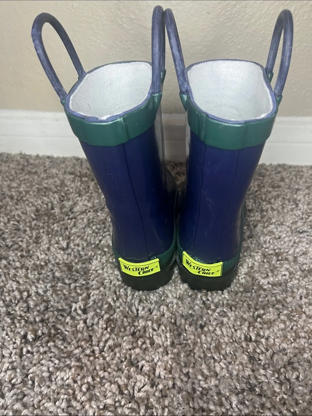 Western Chief Navy and Green Toddler Rain Boots with Pull Handles